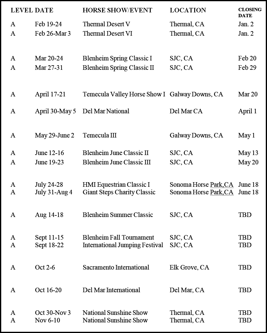 2019 Horse Show Schedule Hayden Clarke Sport Horses